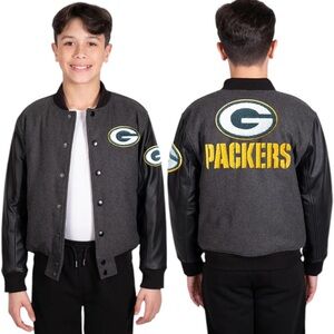 NFL Green Bay Packers Varsity Jacket, Charcoal Heather, Size L (14-16)